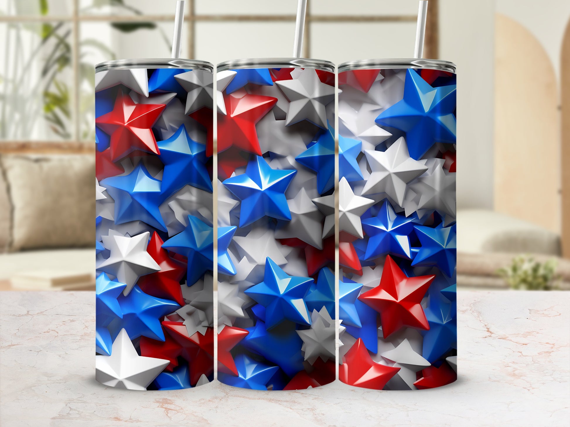 Red, white, and blue stars on a tumbler with straws.