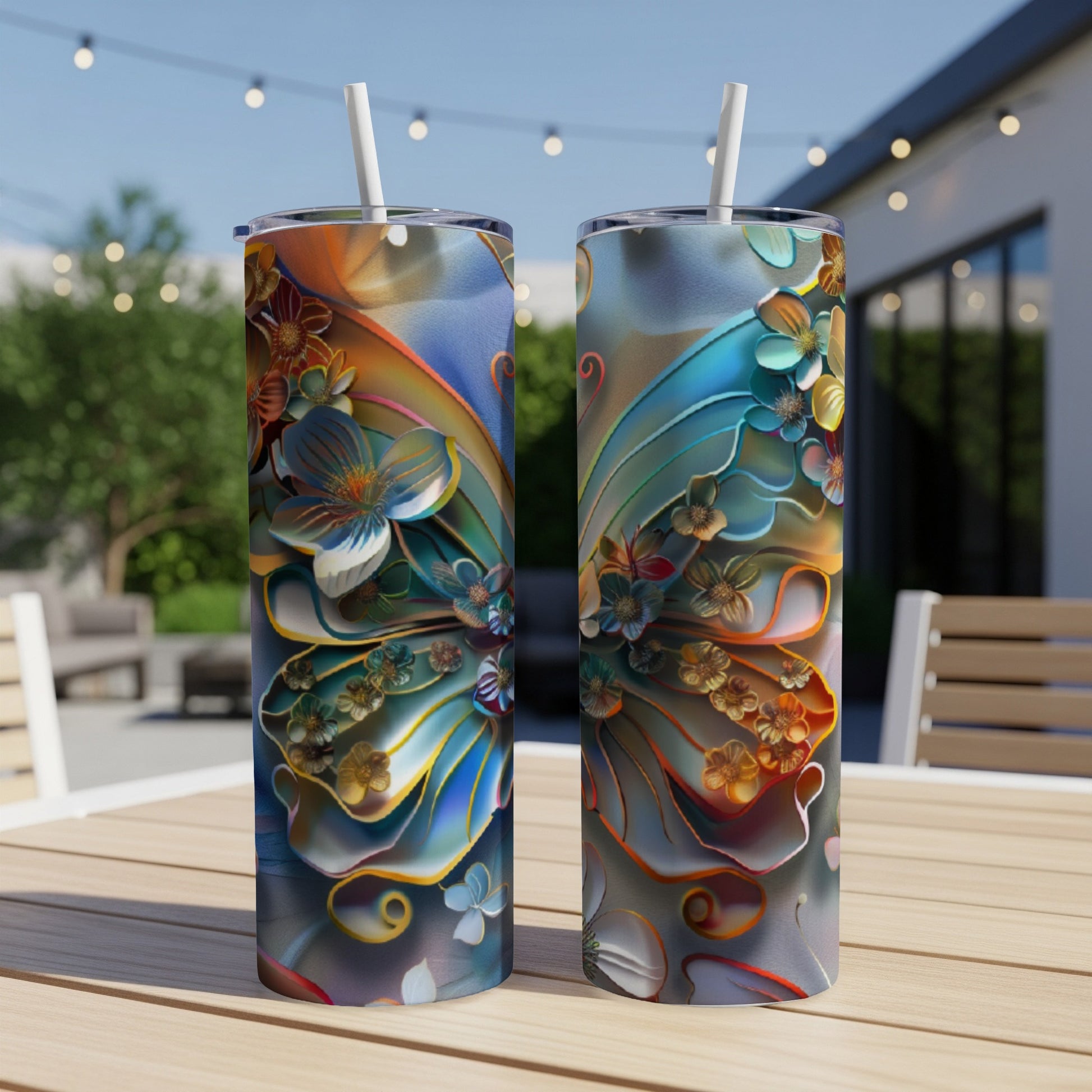 Two tall tumblers with ornate butterfly and floral designs sit on a table.
