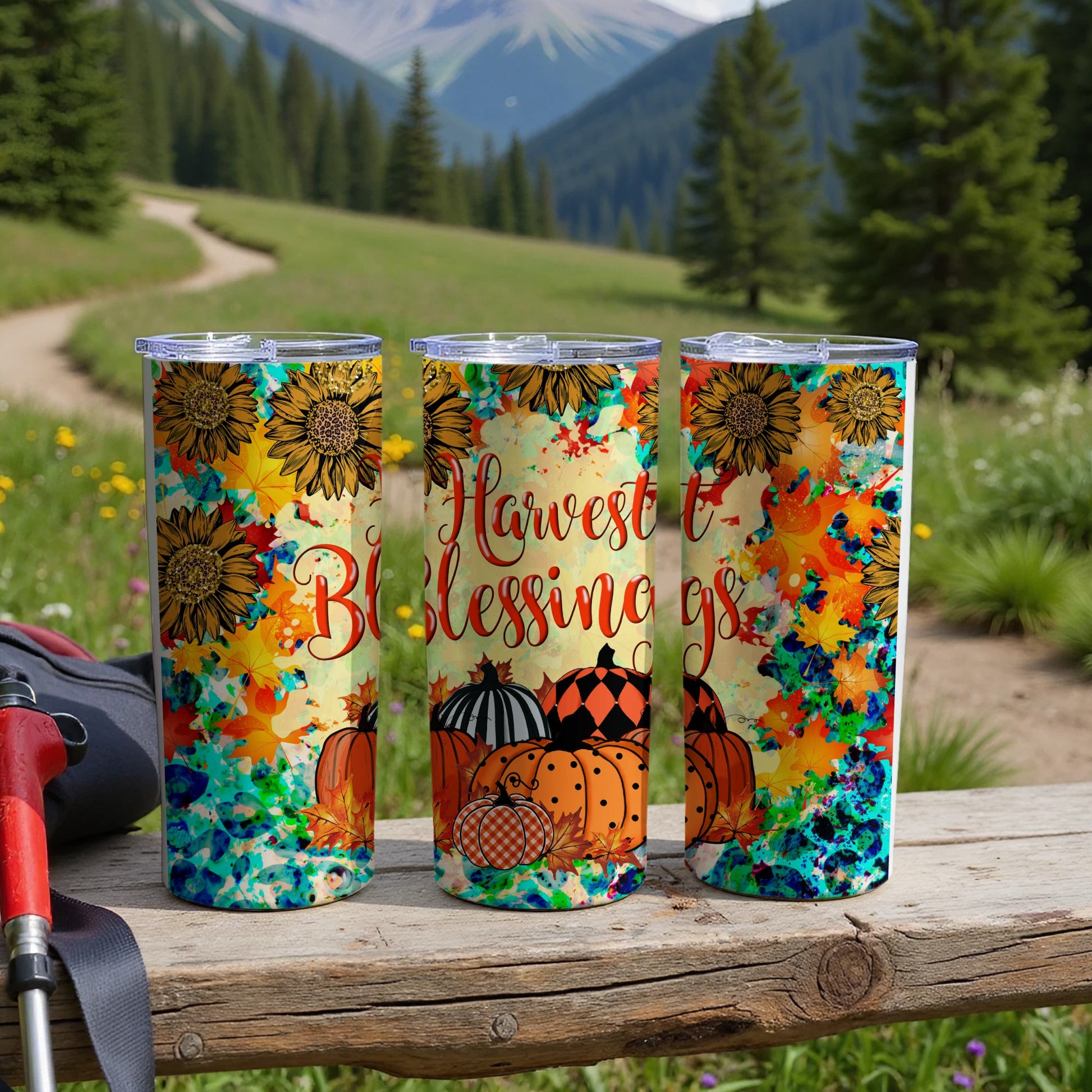 Three harvest-themed tumblers with pumpkins, sunflowers, and "Harvest Blessings" text.