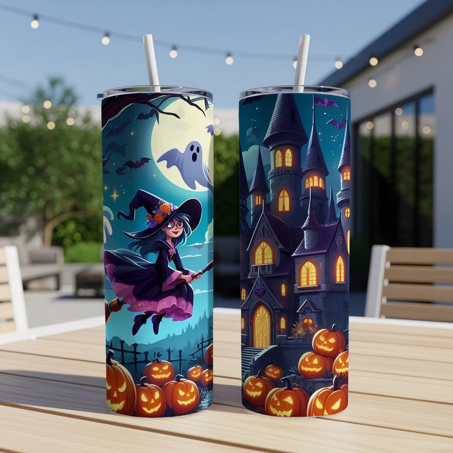 Two tumblers featuring Halloween designs: one with a witch and ghost, the other with a haunted castle and pumpkins.