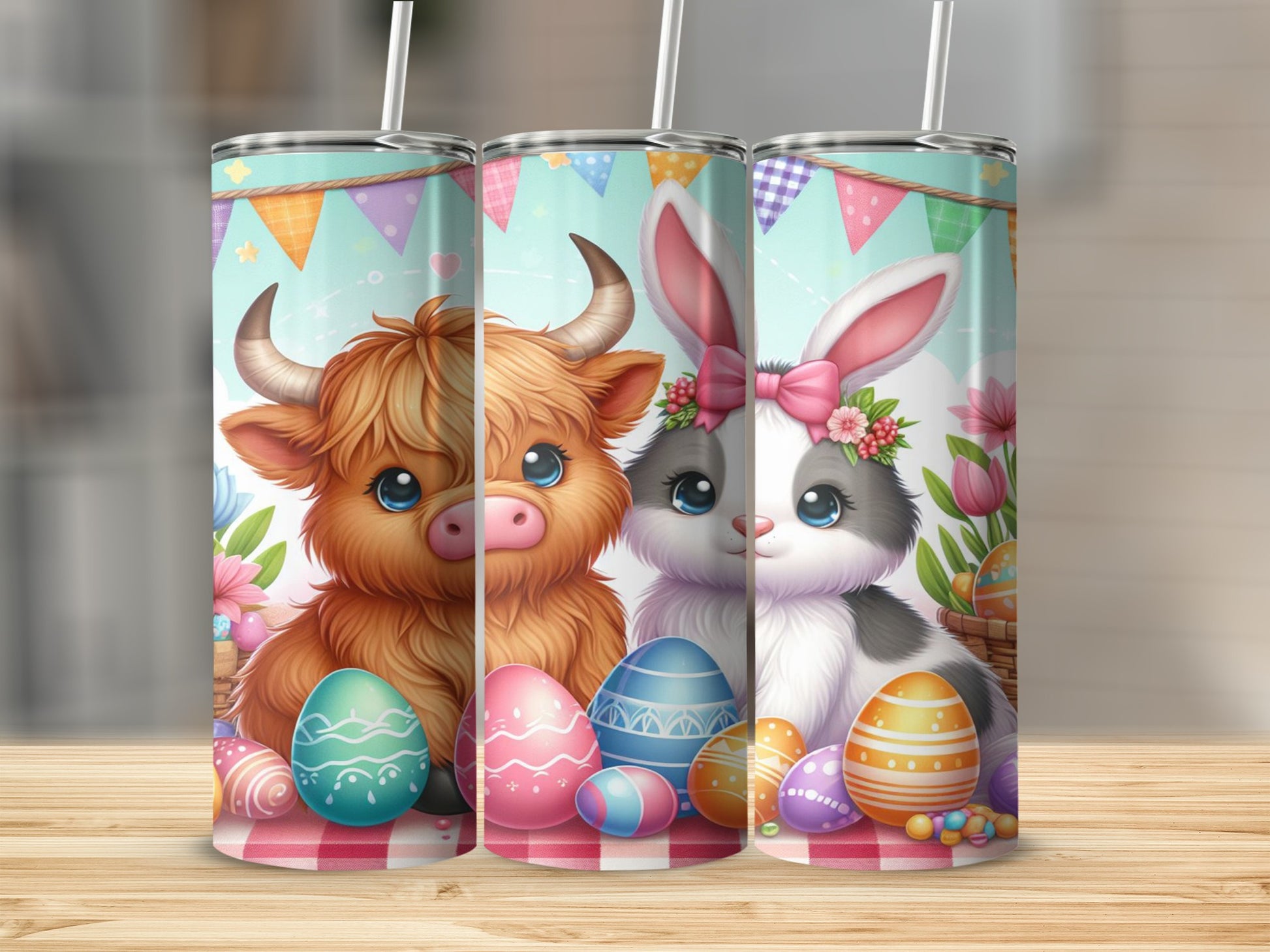 Highland cow and bunny with Easter eggs and banners on tumblers.