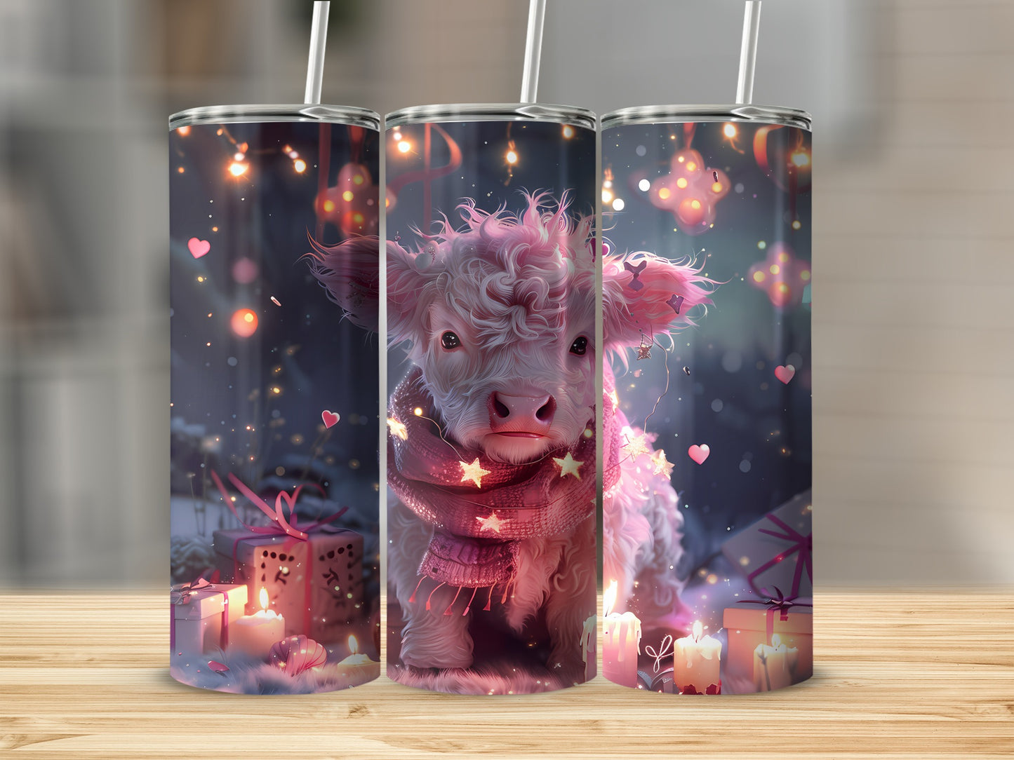 Pink fluffy calf wearing scarf with Christmas lights and gifts.