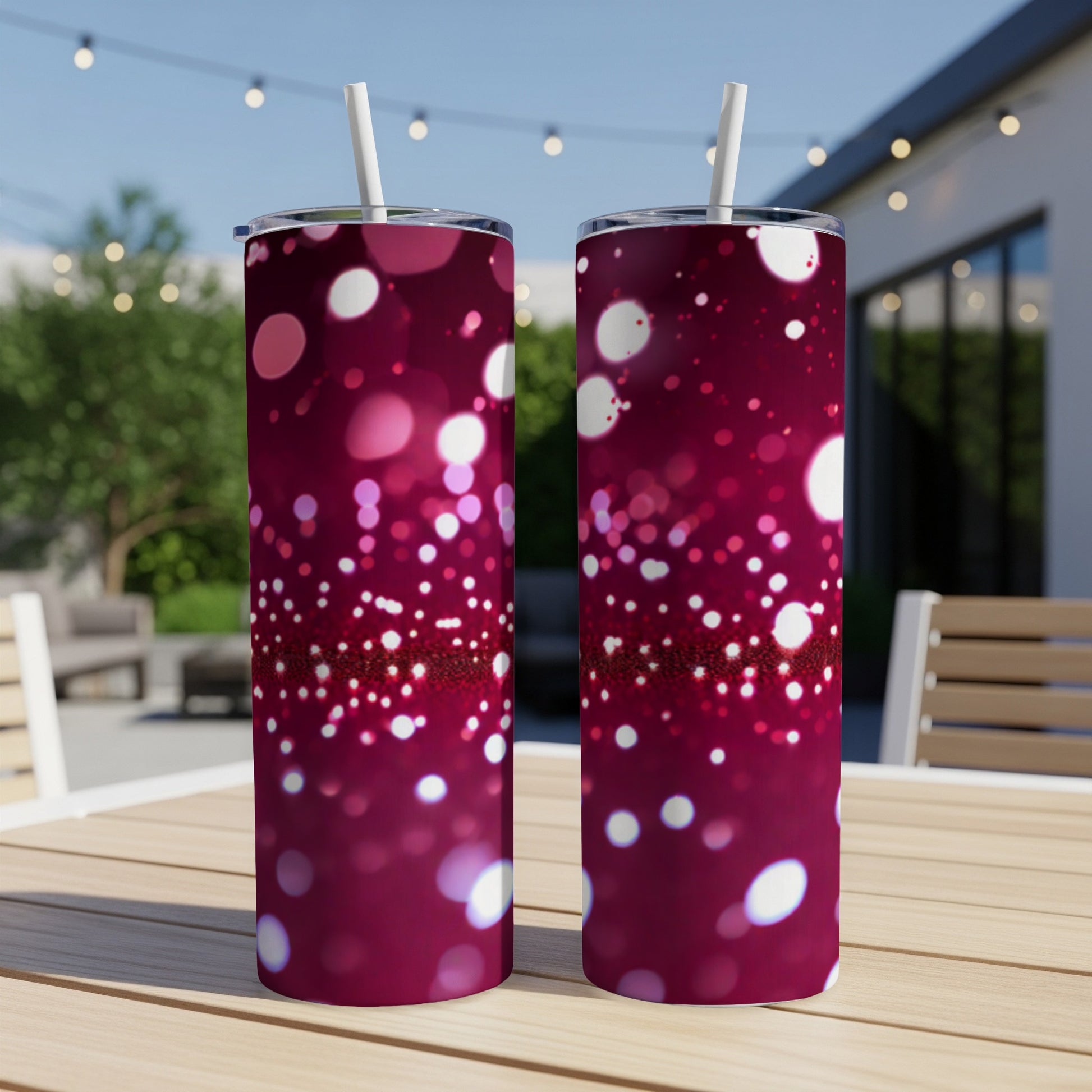Two tumblers with a dark red glittery bokeh design and white straws.