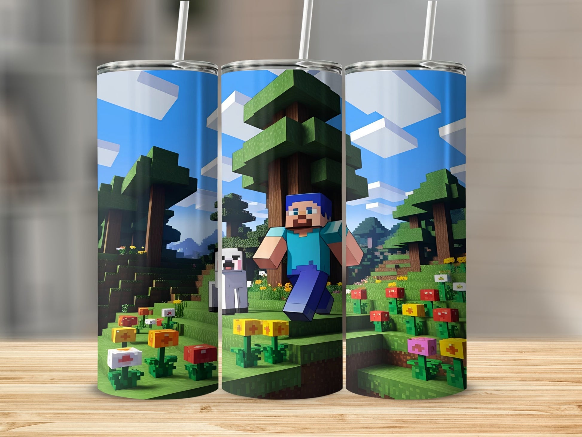 Minecraft characters Steve and a sheep in a pixelated forest with flowers.