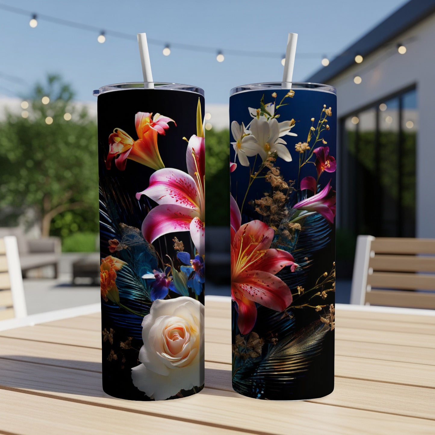 Two tall tumblers with a floral design, displayed on a table outdoors.