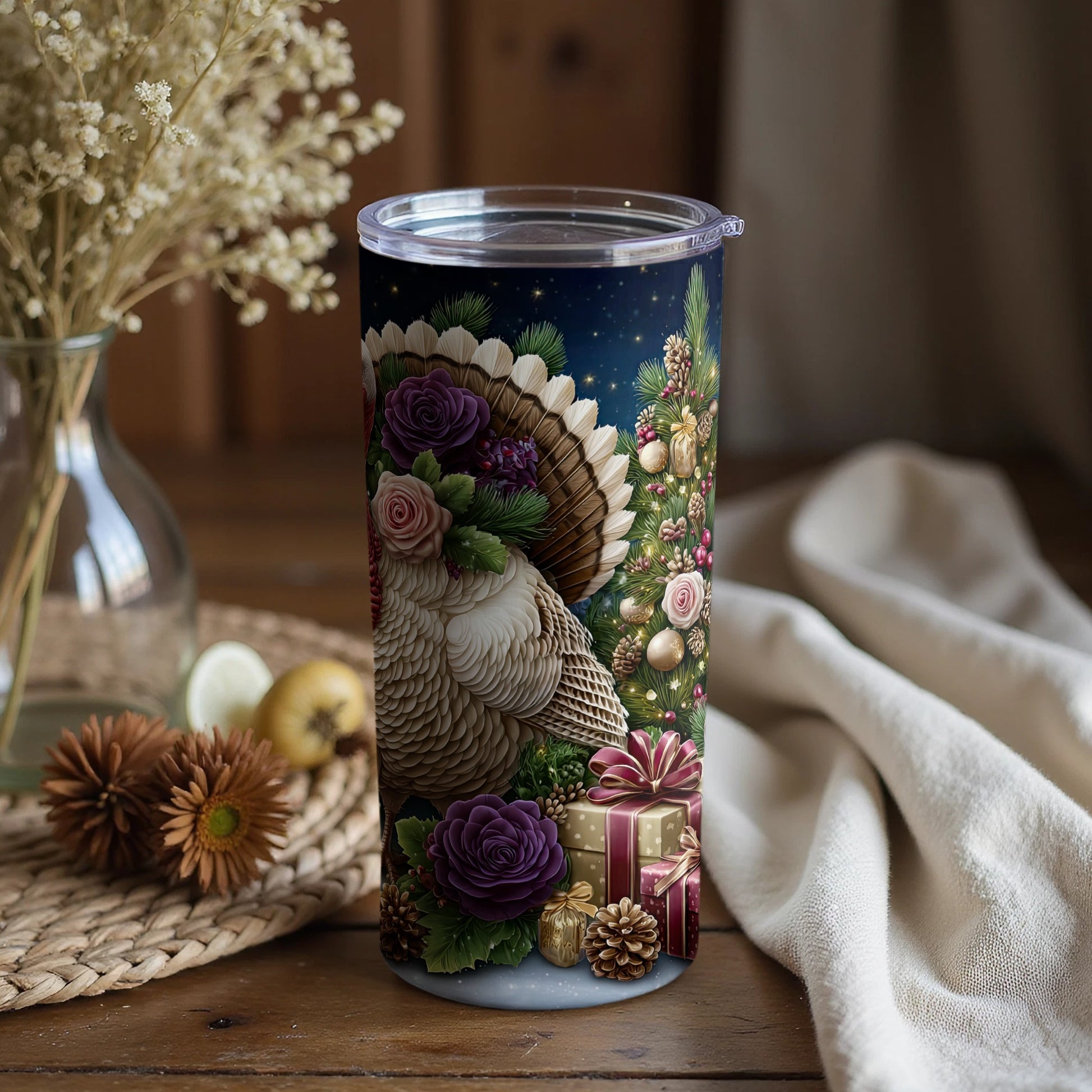 Festive Holiday Design Tumbler With Flowers And Gifts
