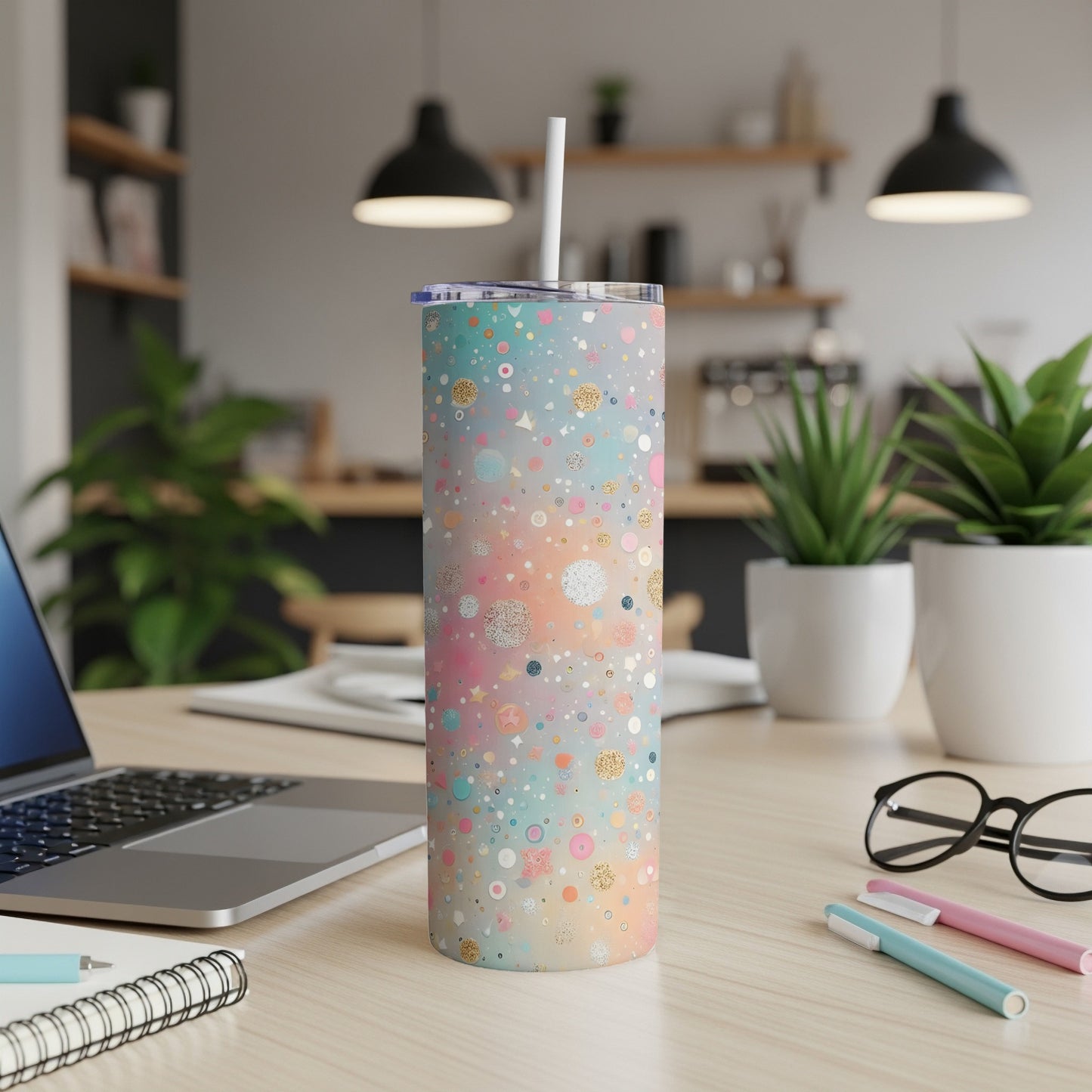 Speckled pastel tumbler with straw on a desk next to a laptop.
