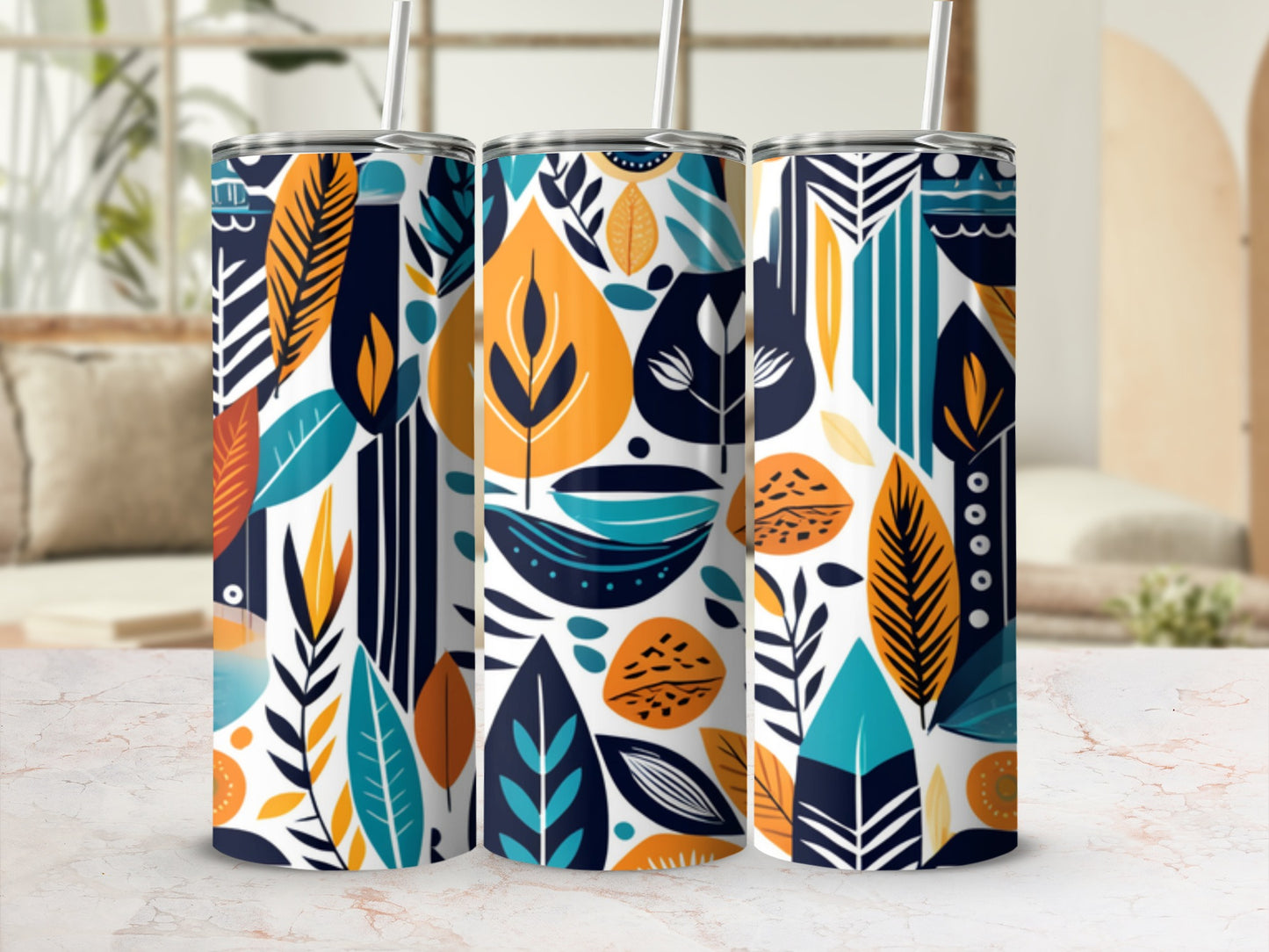 Three tumblers with abstract autumn leaf and plant patterns.