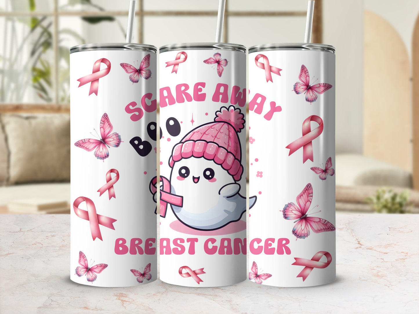 Ghost character in pink hat, "Scare Away Breast Cancer" text, pink butterflies and ribbons.