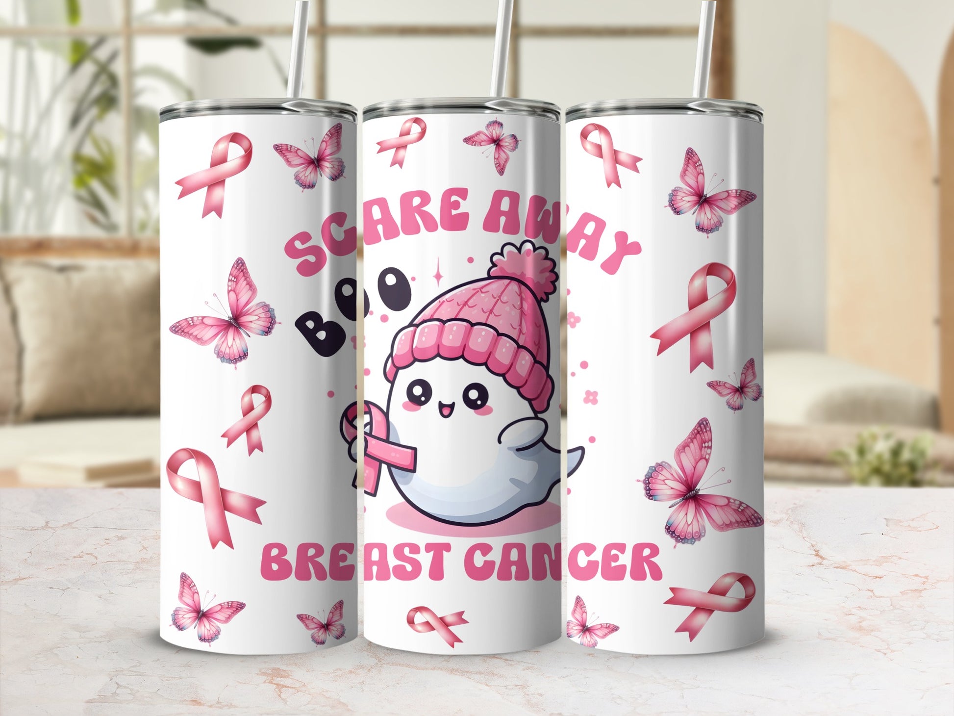 Ghost character in pink hat, "Scare Away Breast Cancer" text, pink butterflies and ribbons.