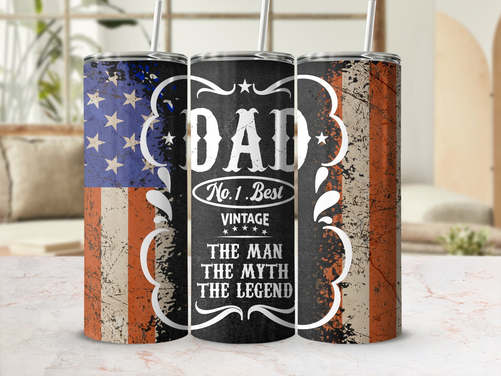 Tumbler with "Dad", "No. 1 Best Vintage", and "The Man The Myth The Legend" text.
