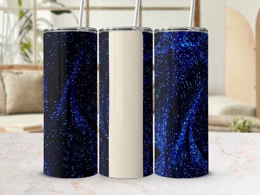Three tumblers with a swirling blue glitter design on a light marble surface.