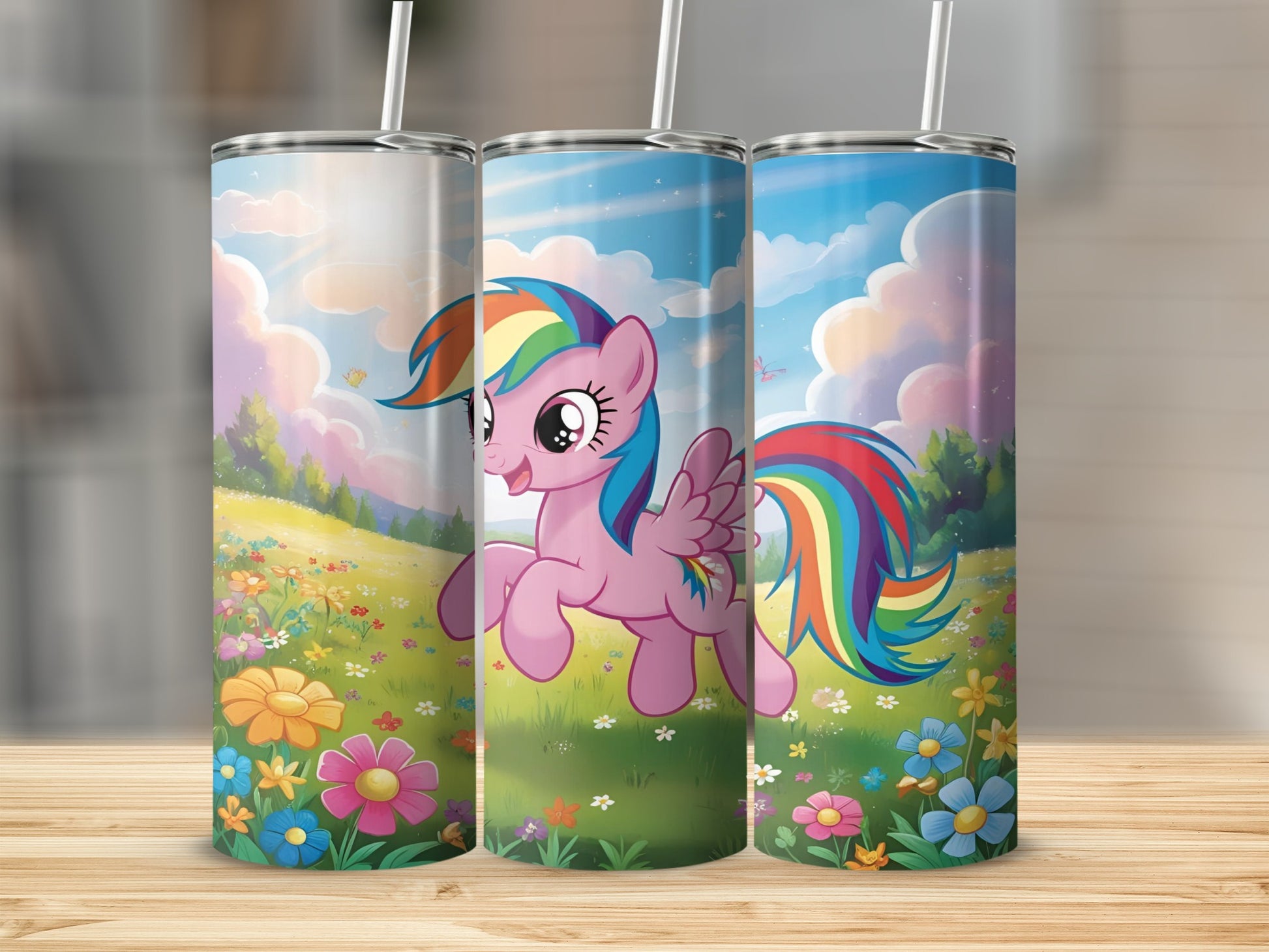 Rainbow Dash from My Little Pony on a colorful grassy field.