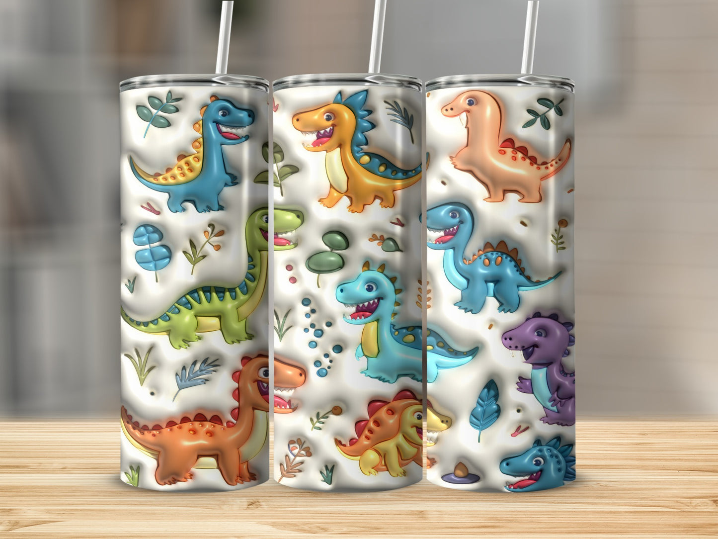 Colorful Dinosaur Themed Tumbler With Straw