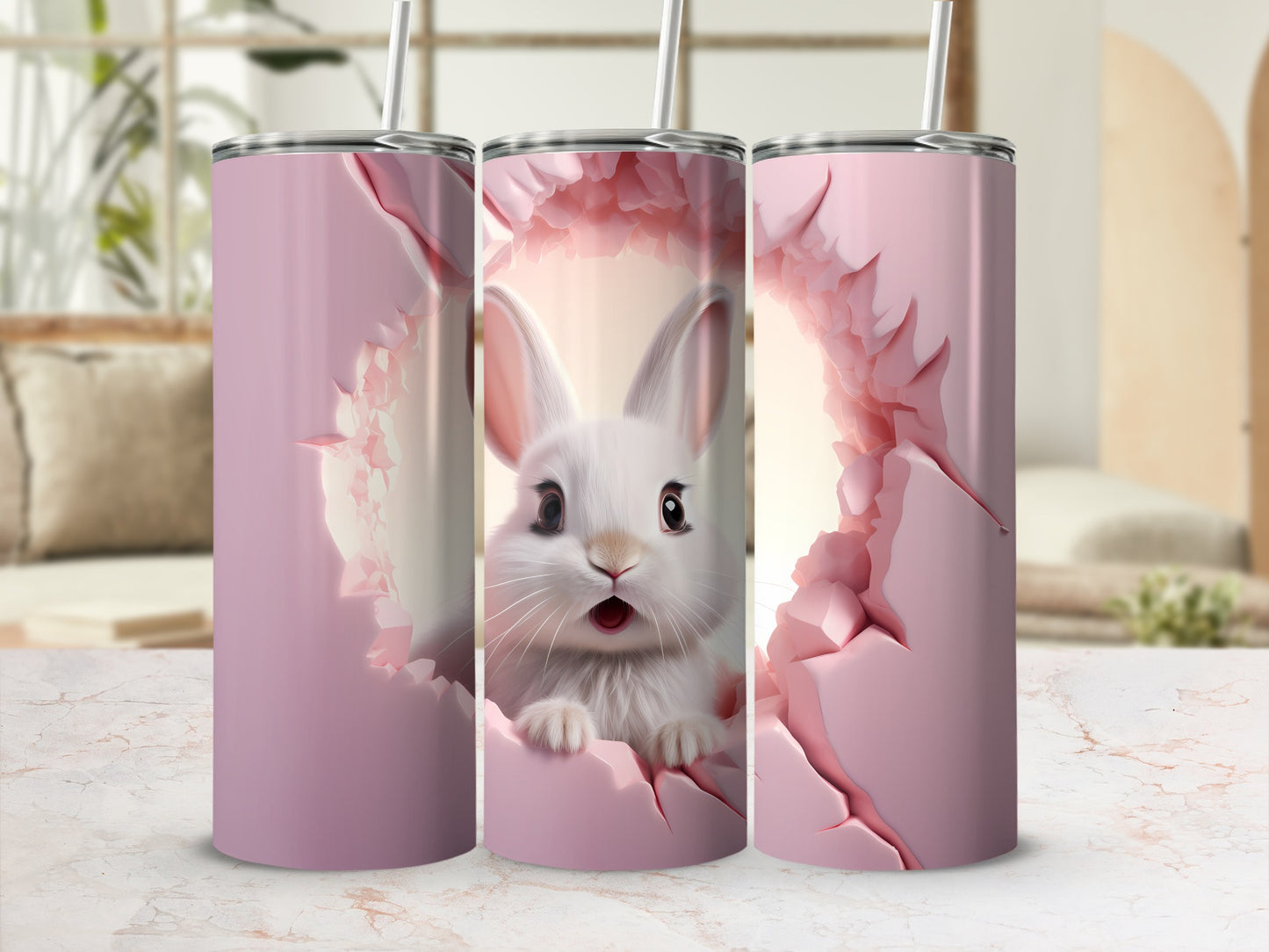 Adorable Rabbit Design on Pink Tumbler Cup