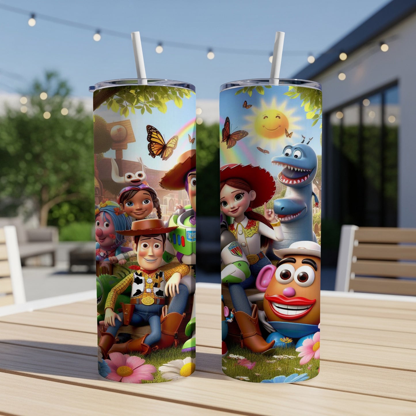 Toy Story characters on a tumbler with butterflies and flowers.