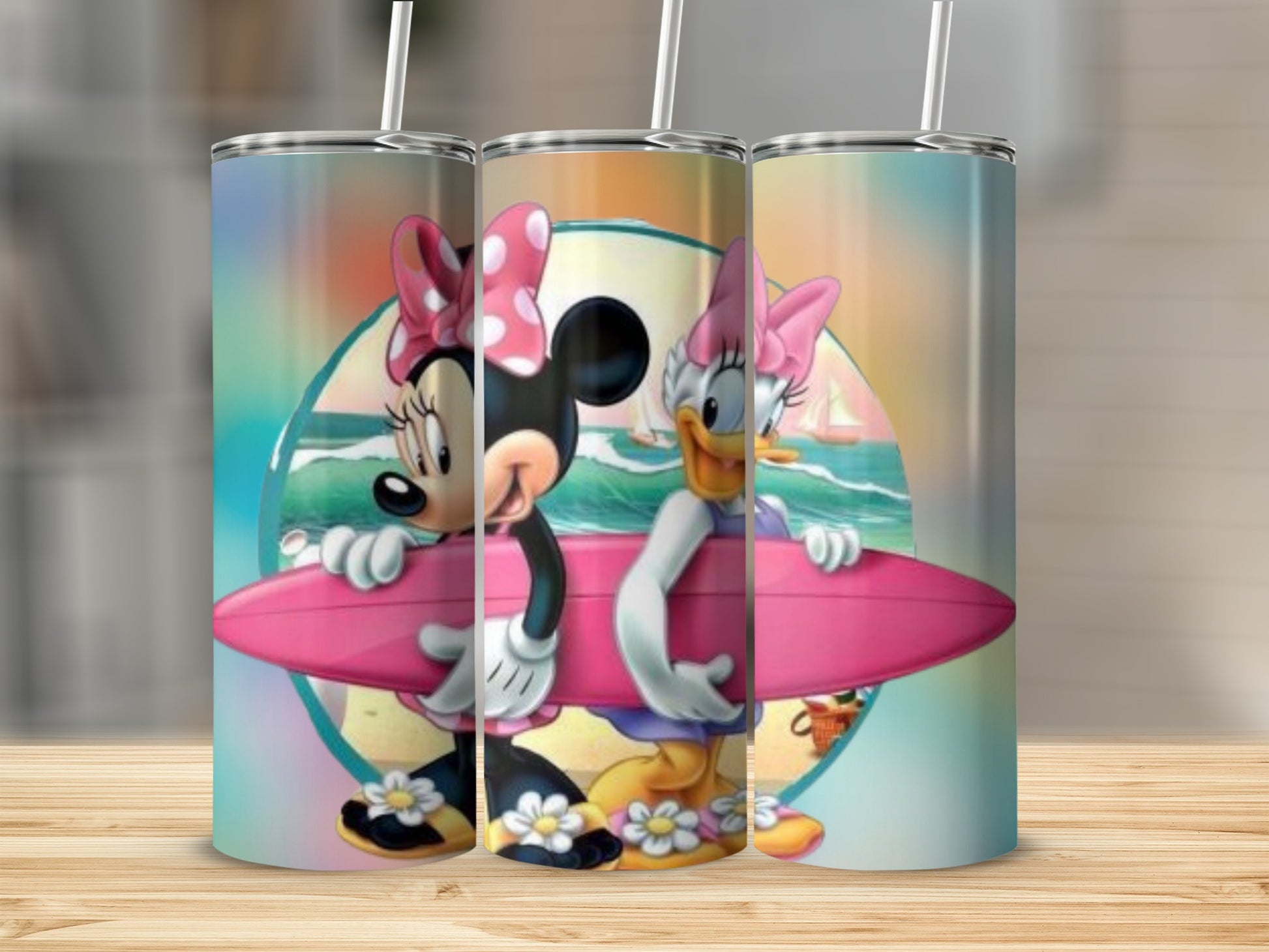 Minnie and Daisy on Beach Surfboard Tumbler