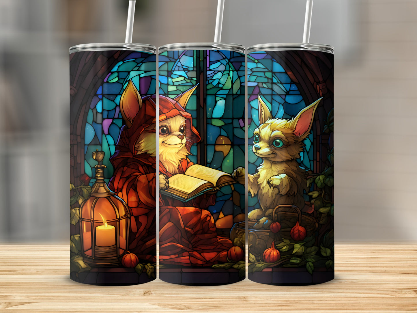 Three tumblers featuring whimsical animals reading and in nature, with stained-glass window backgrounds.