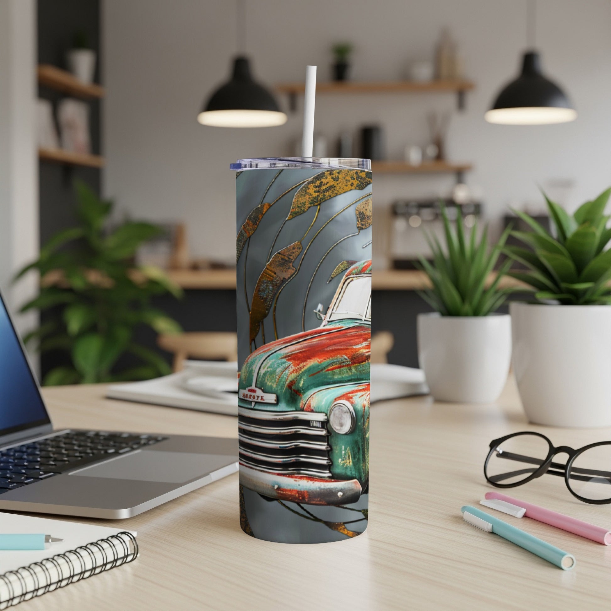 Rusty vintage truck illustration on a skinny tumbler with white straw.