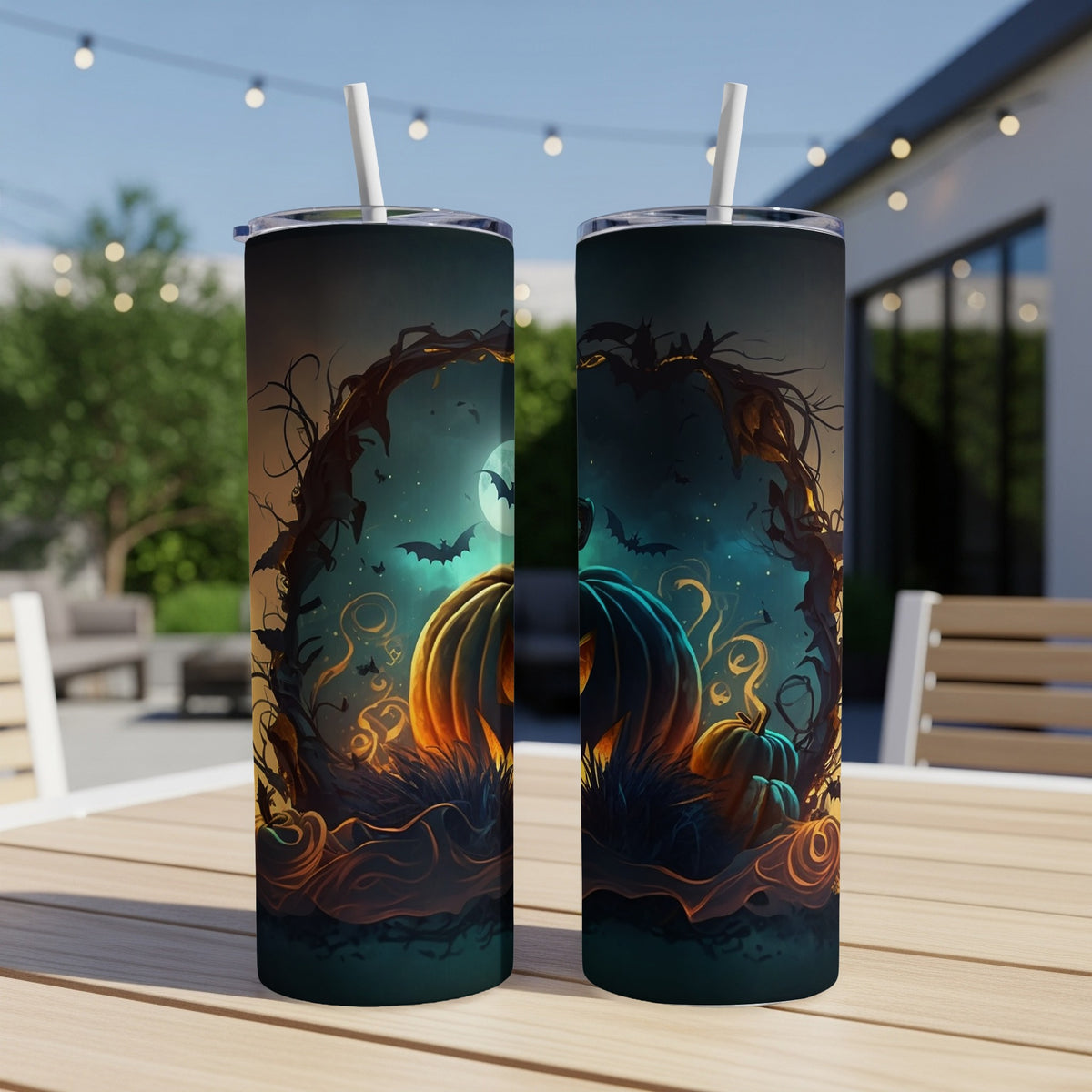 Two tumblers with a Halloween pumpkin, moon, and bat design on a table.