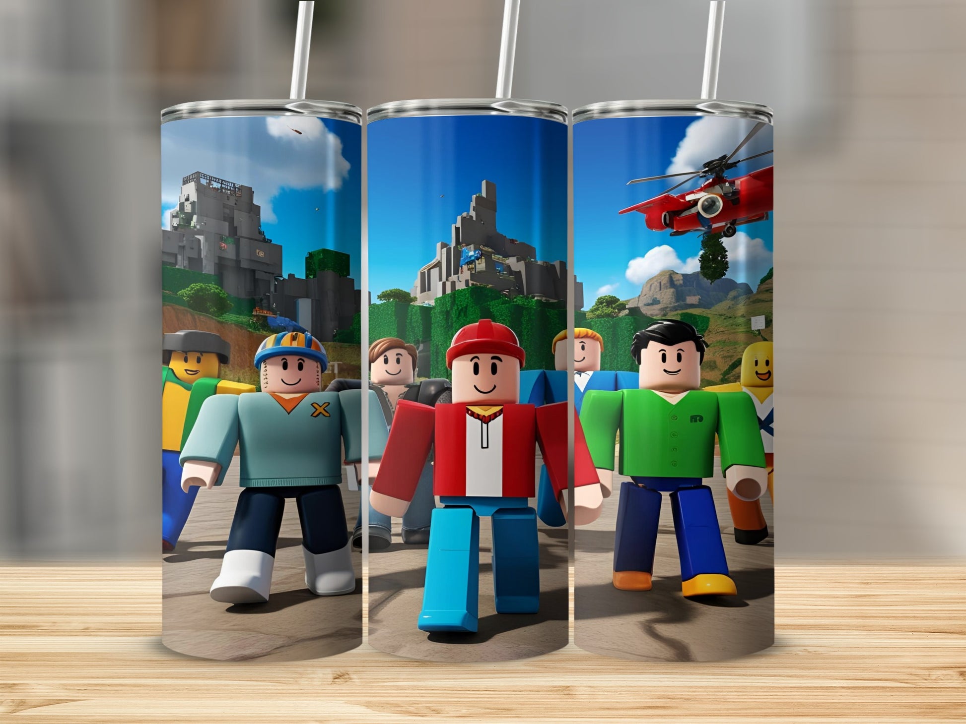 Roblox characters in a cityscape with a helicopter, on a tumbler.