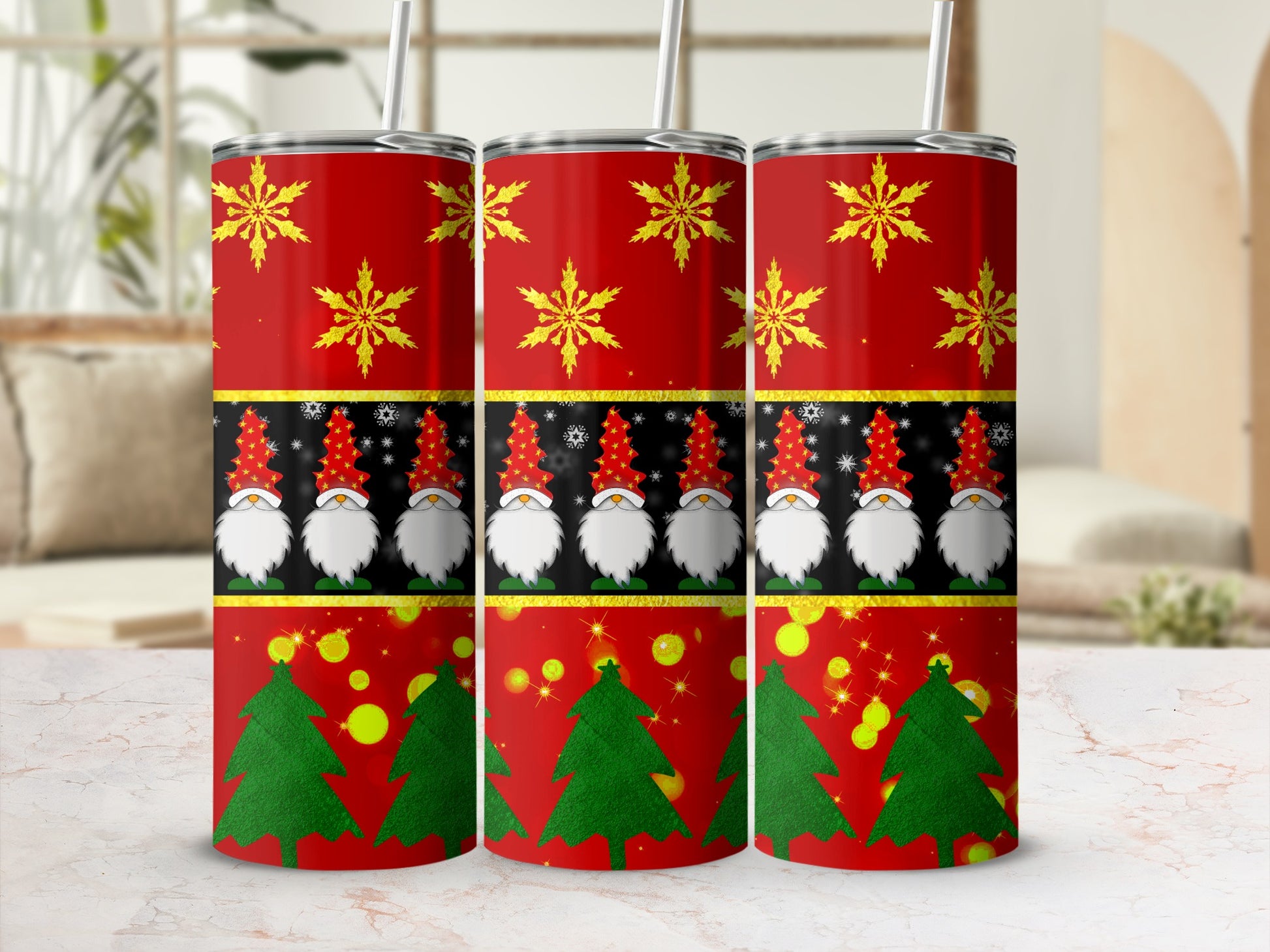 Red tumbler with Santa gnomes, snowflakes, and green trees.