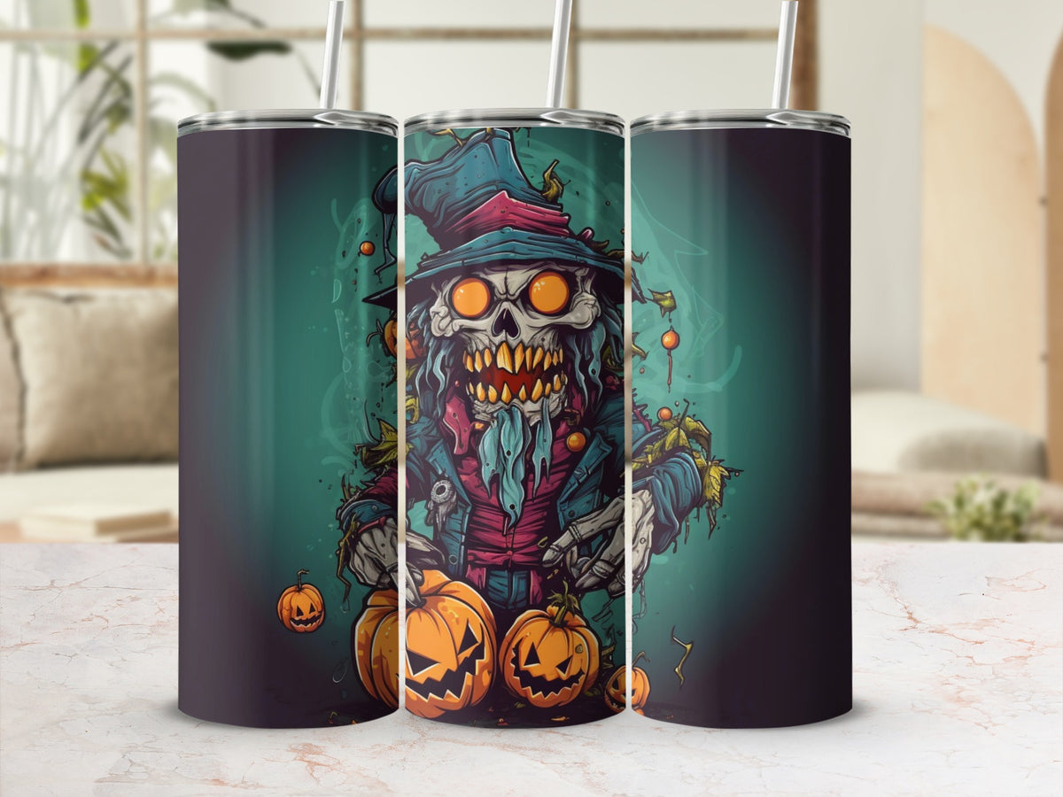 Three tumblers with Halloween scarecrow and pumpkin artwork on a teal gradient background.