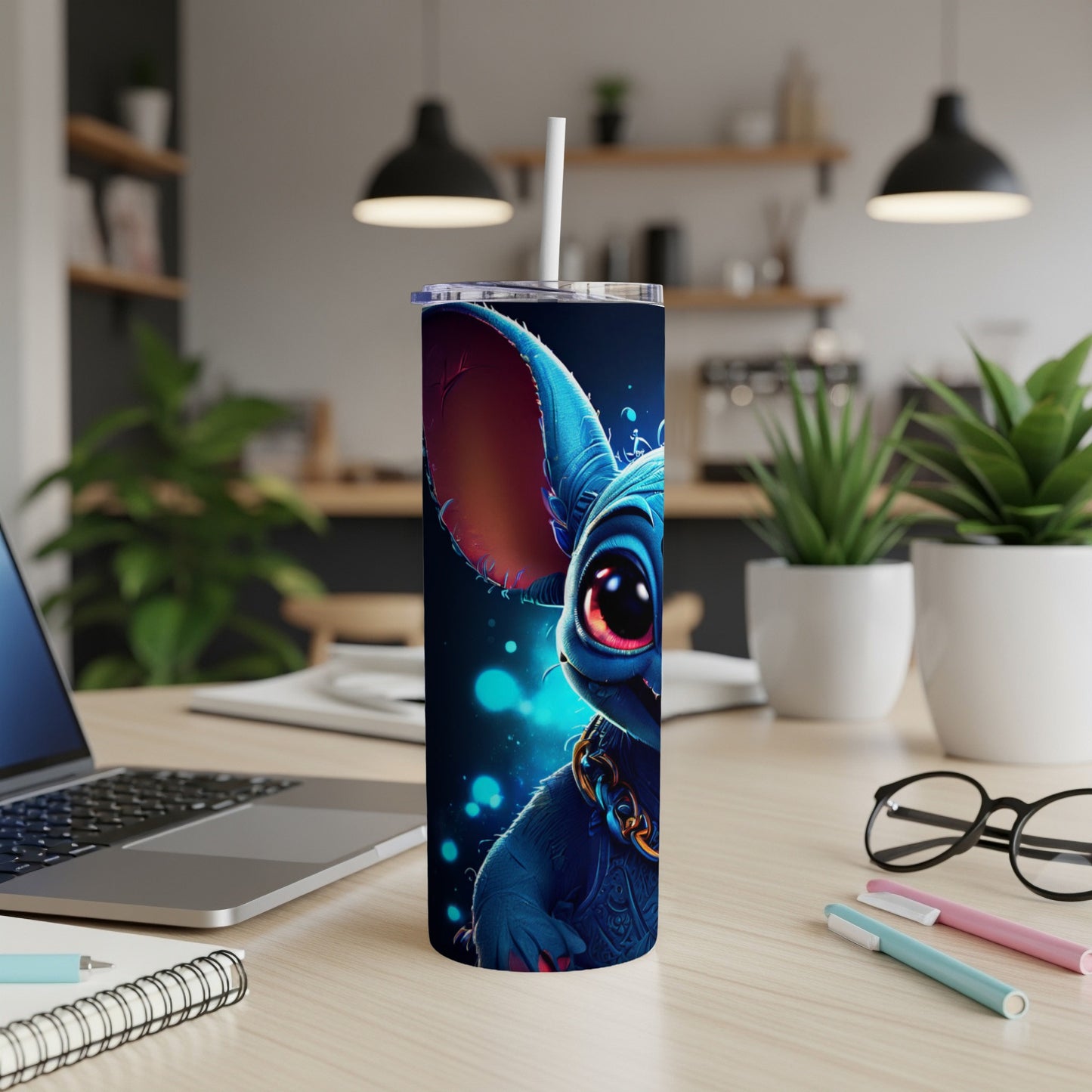 Blue cartoon character with large eyes and chain on a tumbler.