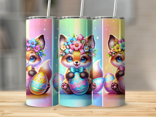 Cute fox with flower crown holding Easter egg, three tumblers.