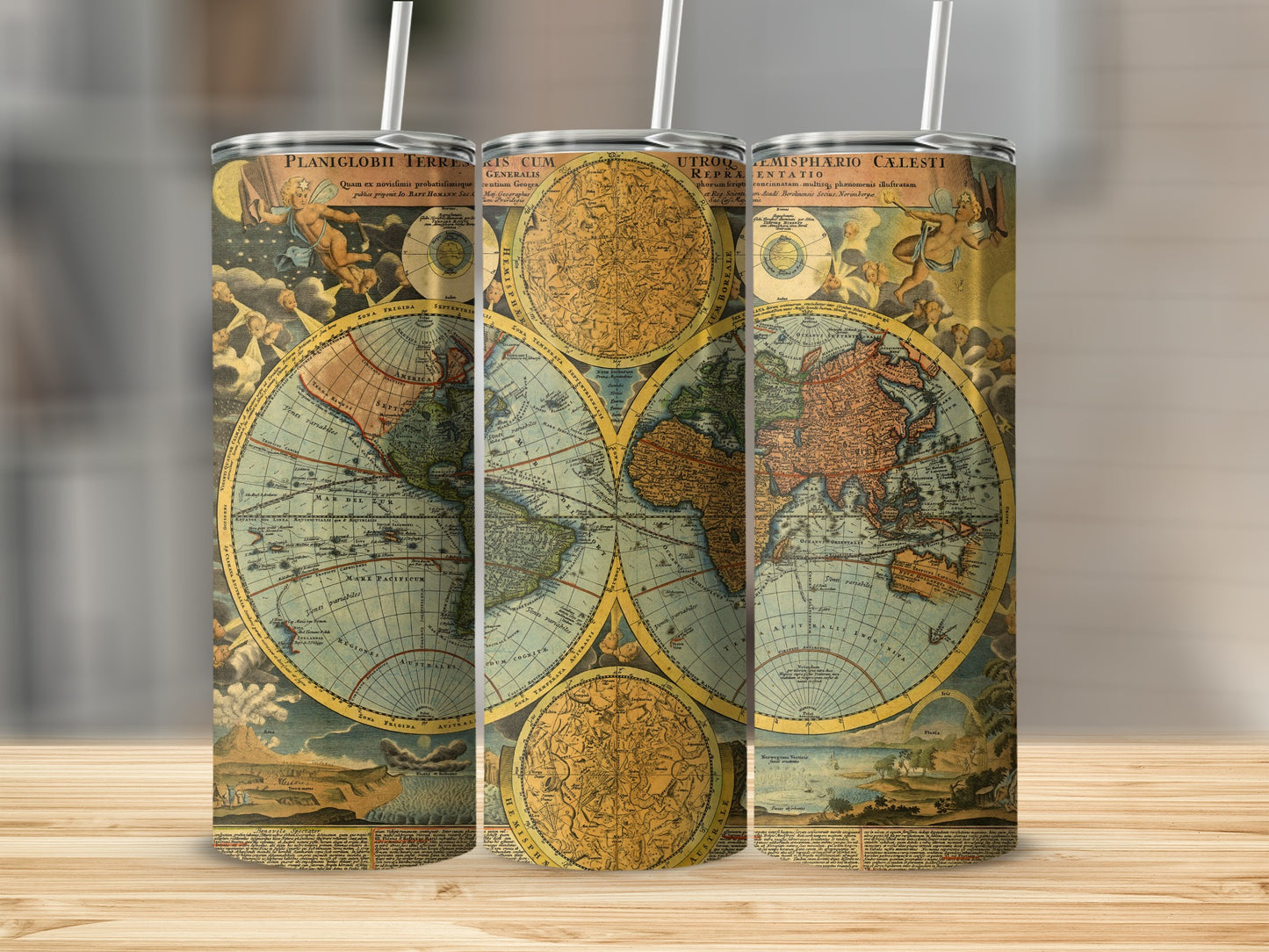 Tumbler with antique world map and celestial charts, featuring Latin text labels.