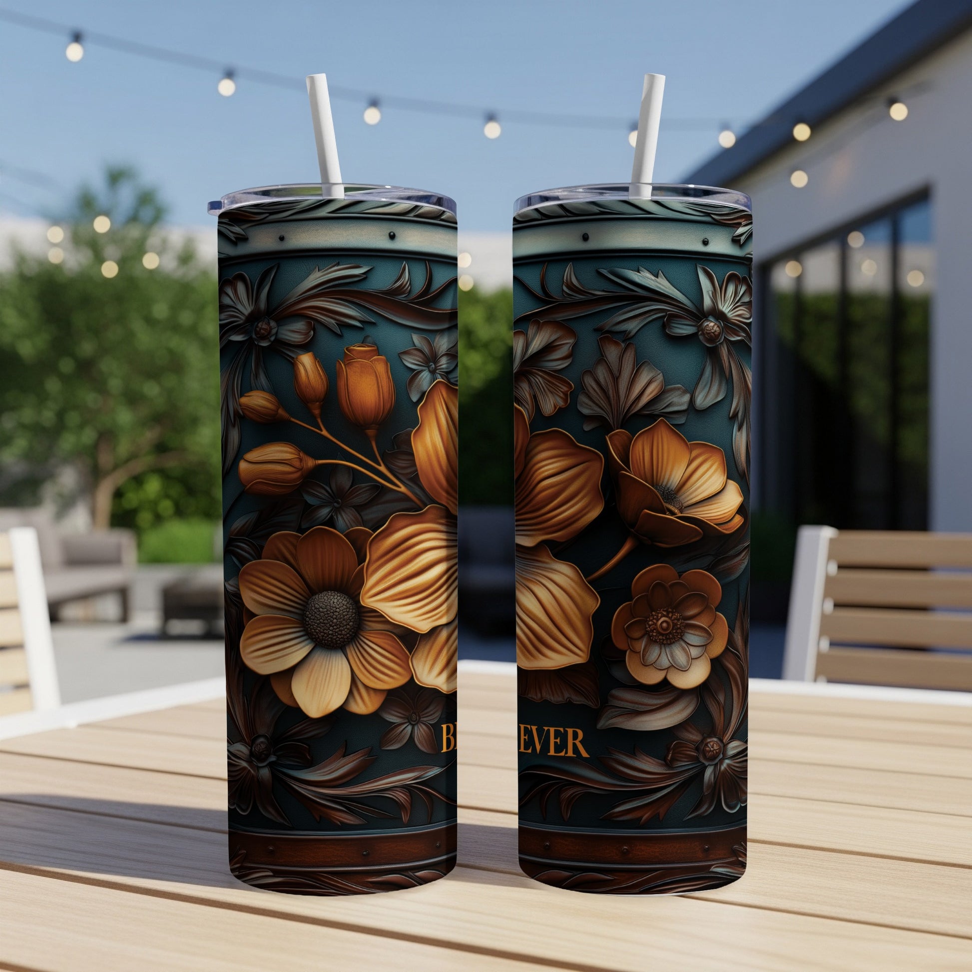 Two teal tumblers with floral relief design and "BELIEVE" text on a table.