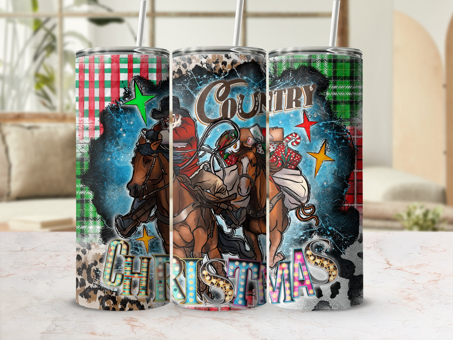 Cowboy Santa rides a horse on a distressed tumbler with "COUNTRY CHRISTMAS" text.