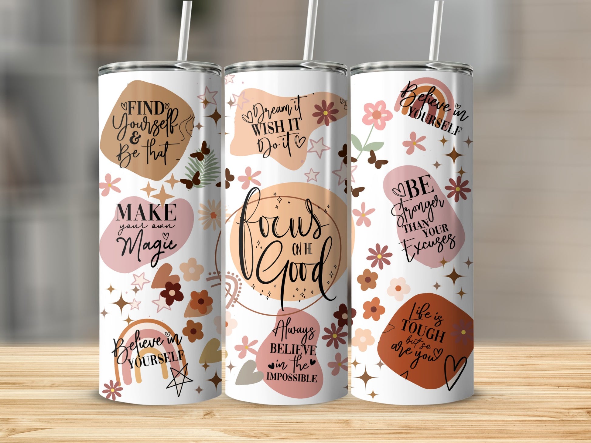 Motivational Quotes Floral Design Tumbler with Straw