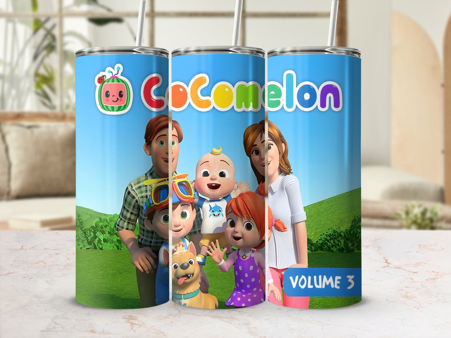 Cocomelon tumbler featuring JJ, TomTom, YoYo, and their parents with a dog.