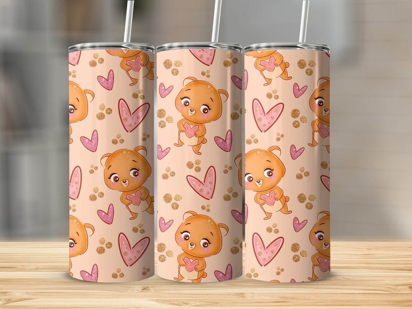 Cute Cartoon Bears and Hearts Design Insulated Tumbler