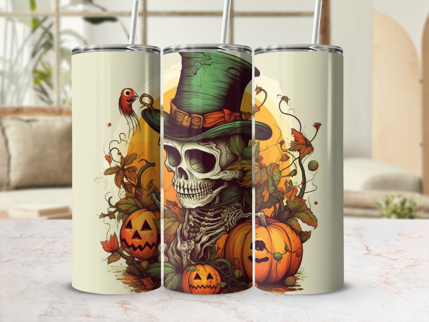 Skeleton in top hat with pumpkins and fall leaves design on three tumblers.