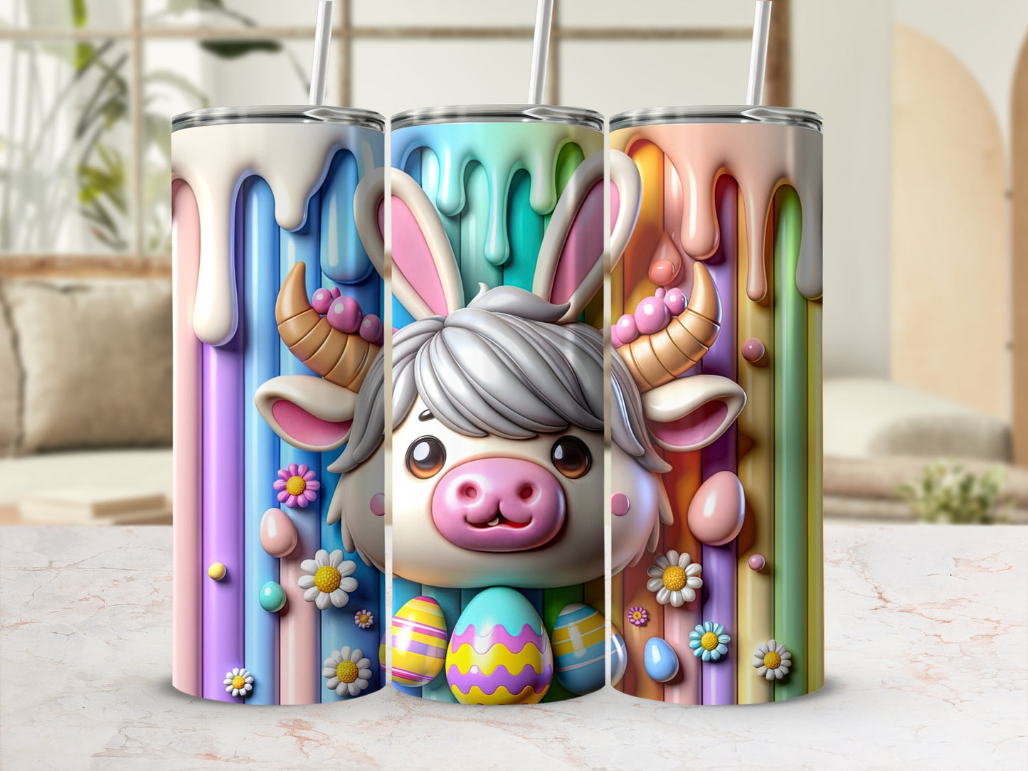 Easter bunny cow tumbler with colorful dripping paint design.
