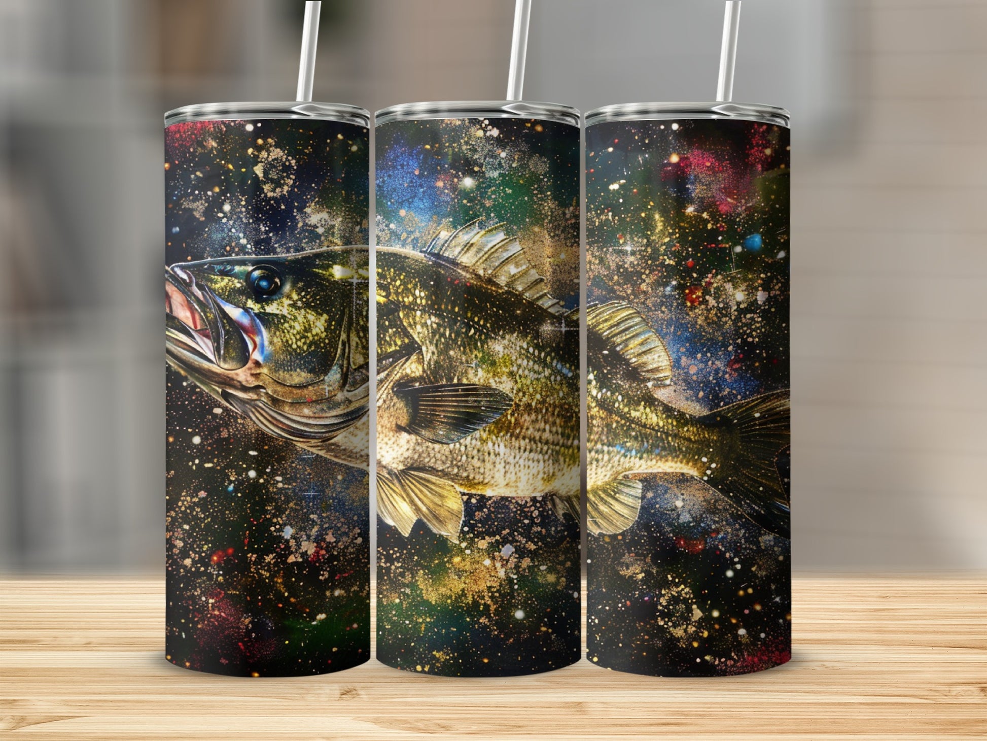 Three skinny tumblers with a largemouth bass and colorful cosmic background.