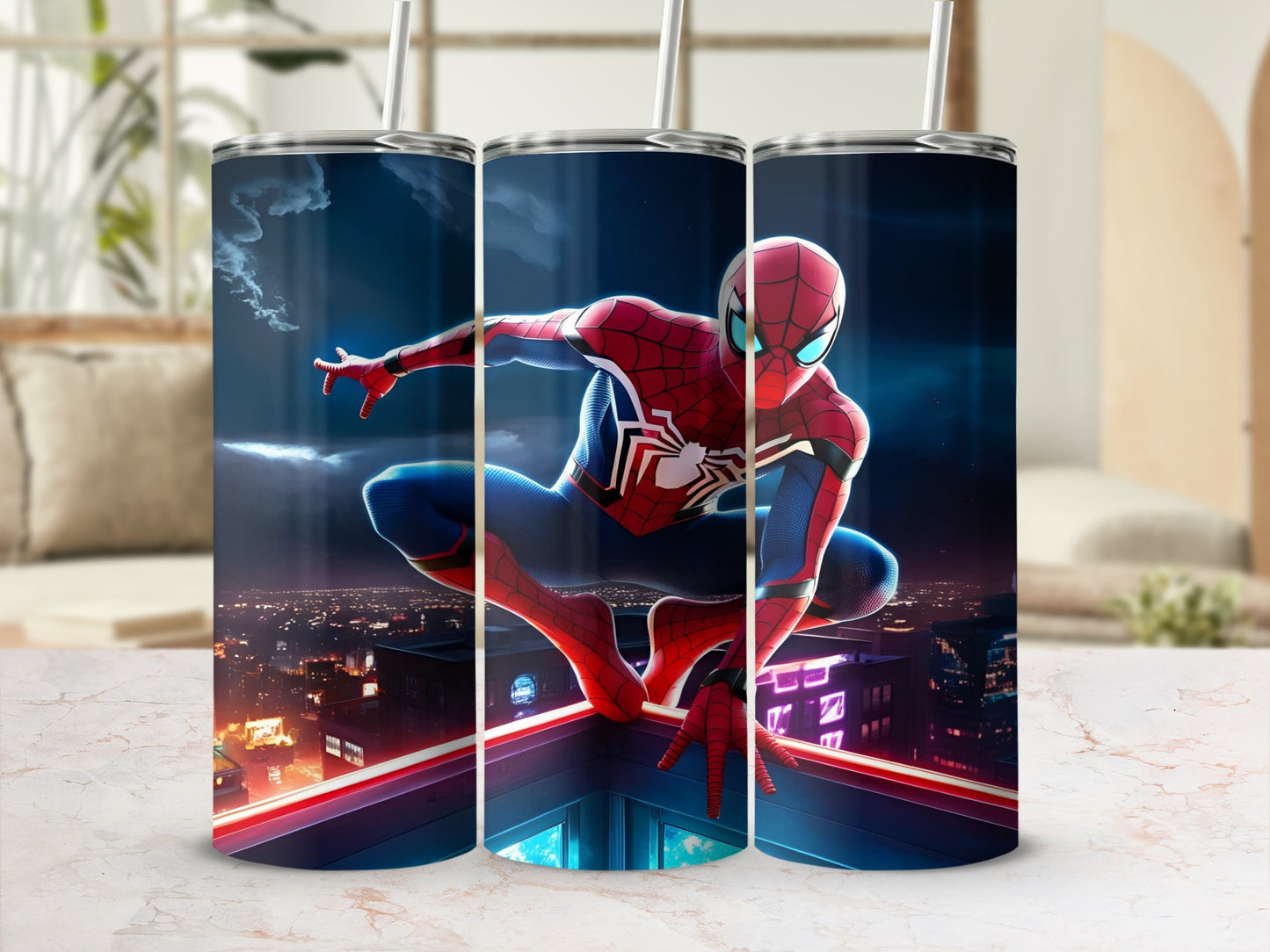 Spider-Man in action pose on a city rooftop at night.