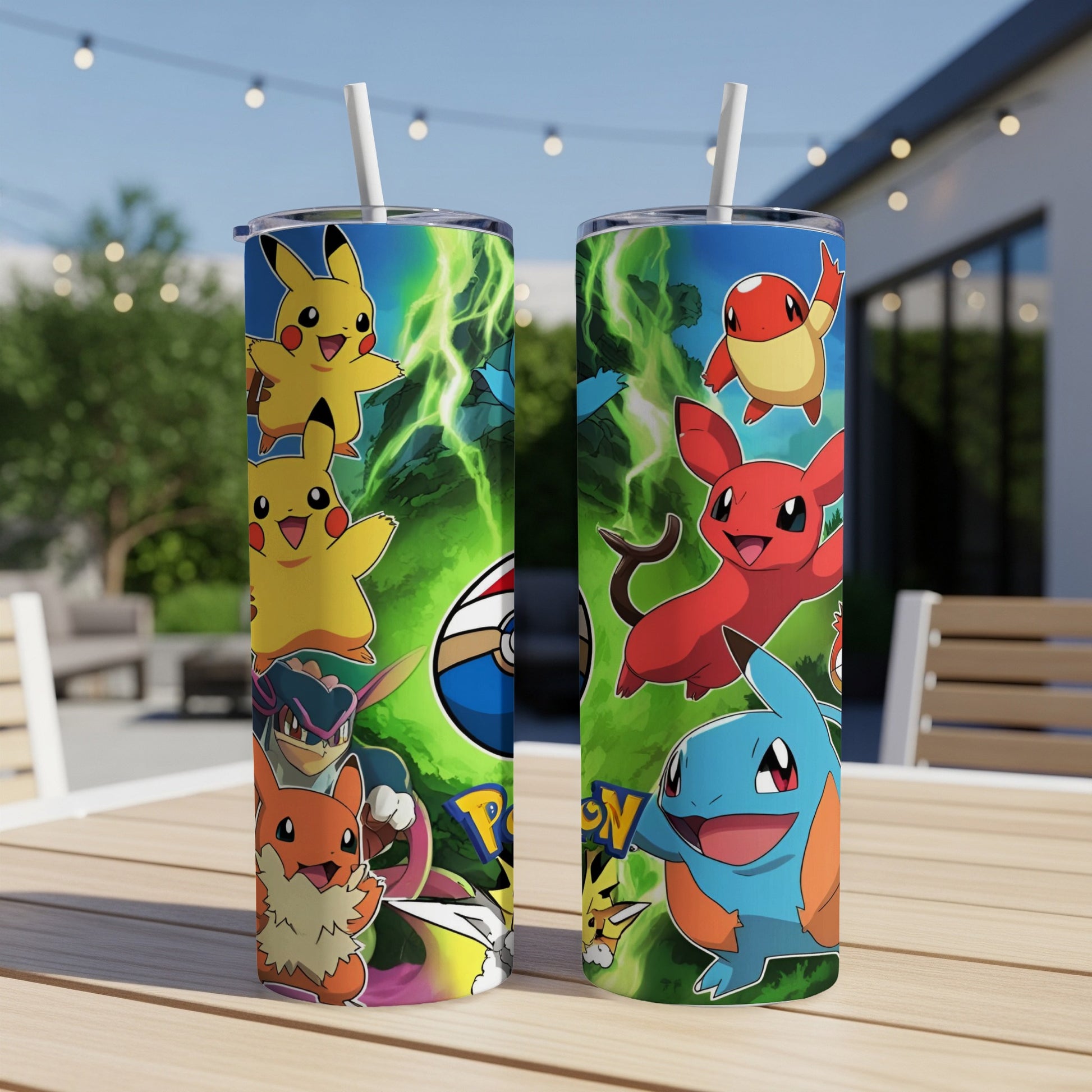 Pokemon characters Pikachu, Charmander, Squirtle, and others on a green, lightning-themed tumbler.