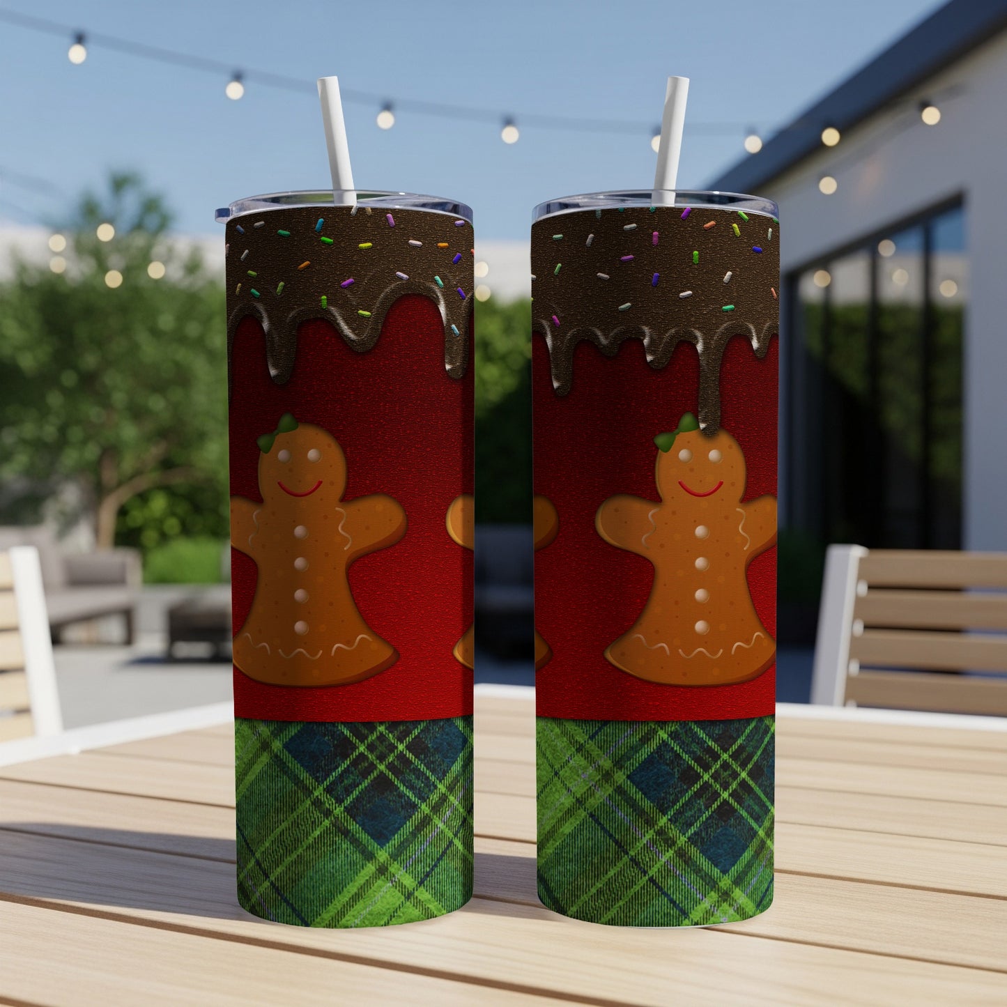 Two tumblers with gingerbread man and chocolate drizzle design.