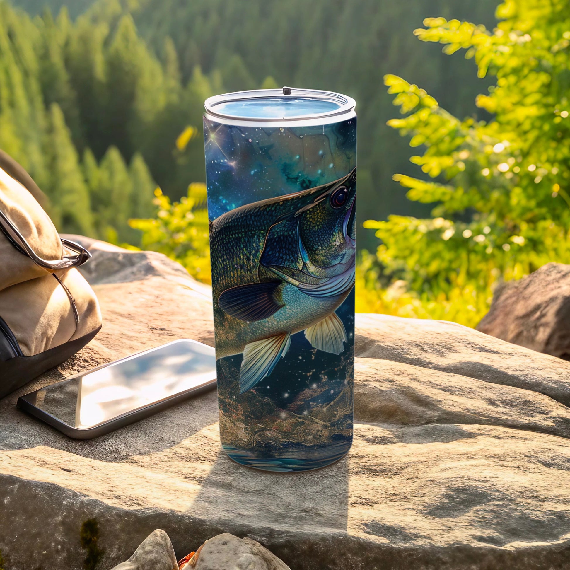 Fish graphic on a tumbler next to a phone and backpack outdoors.