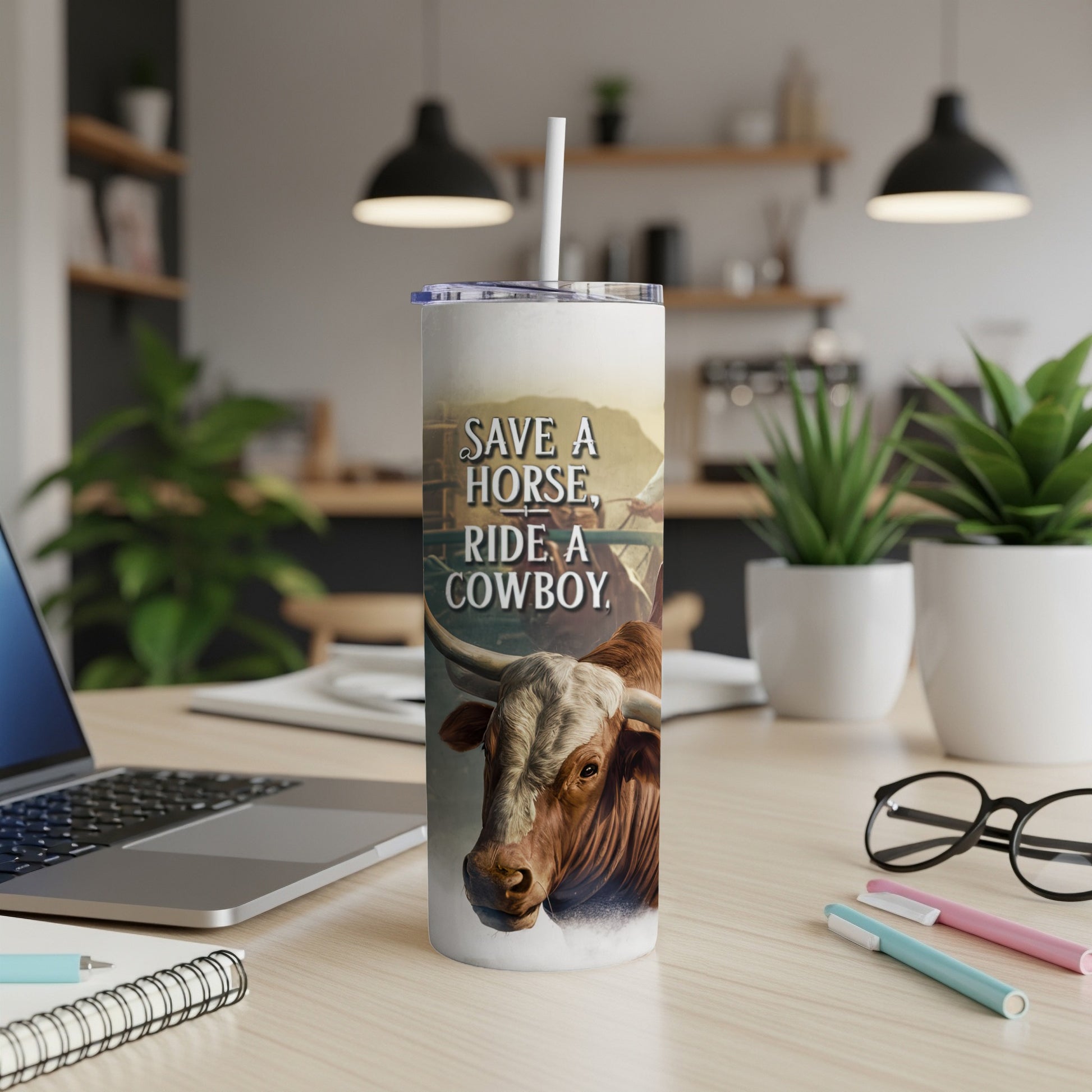 Cowboy riding a bull, with text "Save a horse, ride a cowboy."