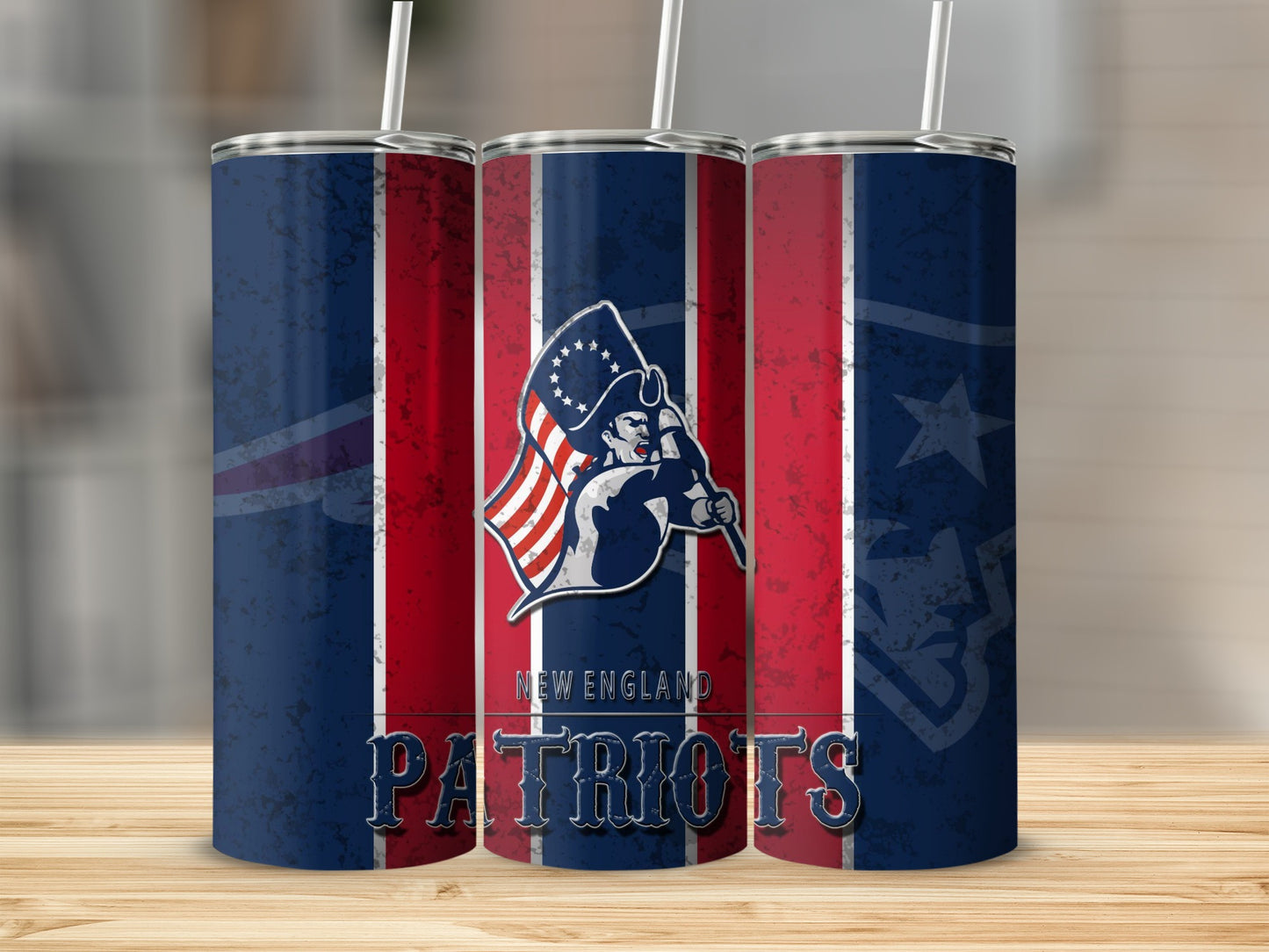 New England Patriots logo on three grunge-textured patriotic tumblers.