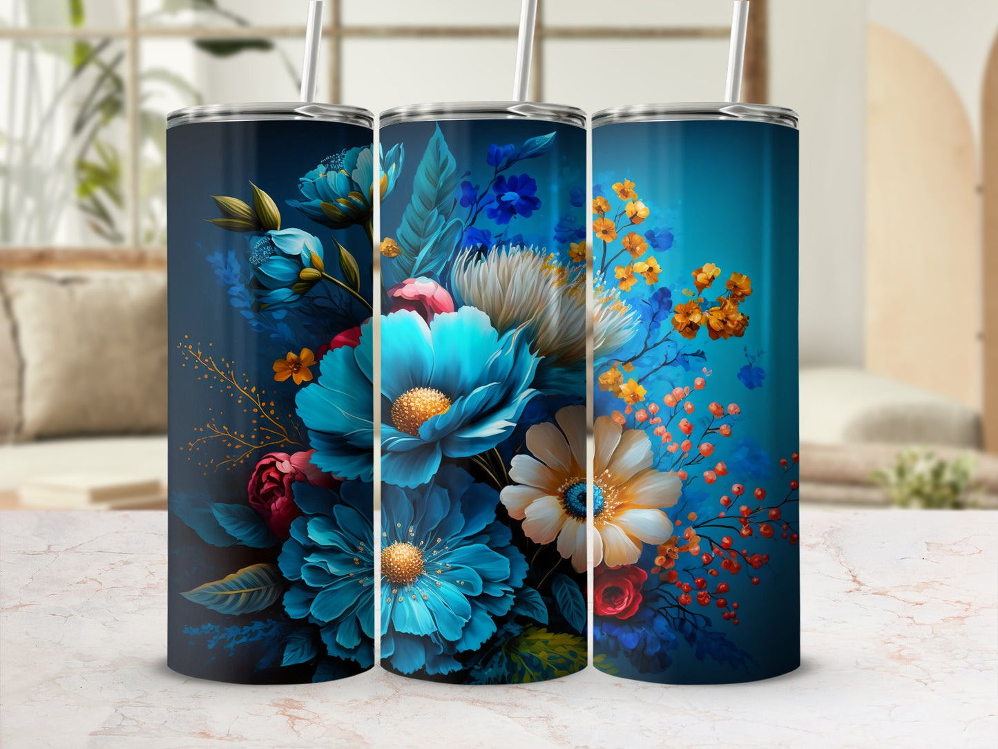 Vibrant Floral Design with Blue and Orange Tones Tumbler