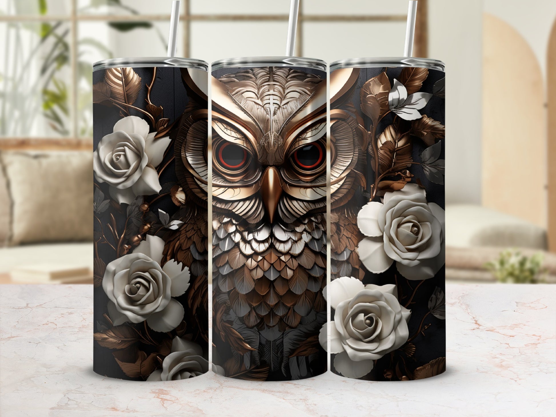 Gold and white owl with roses on a dark, textured background.