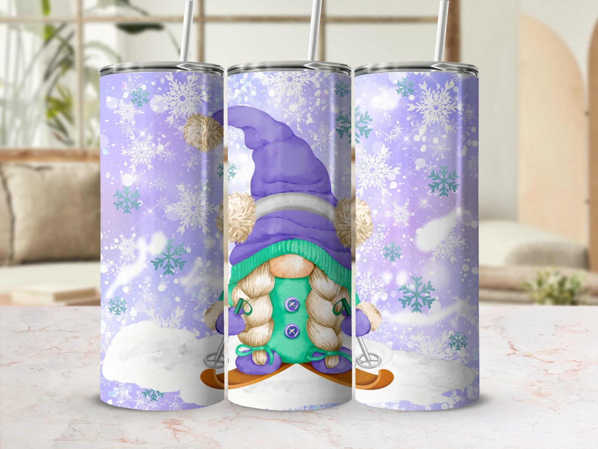 Purple gnome with skis and snowflakes on a patterned tumbler.