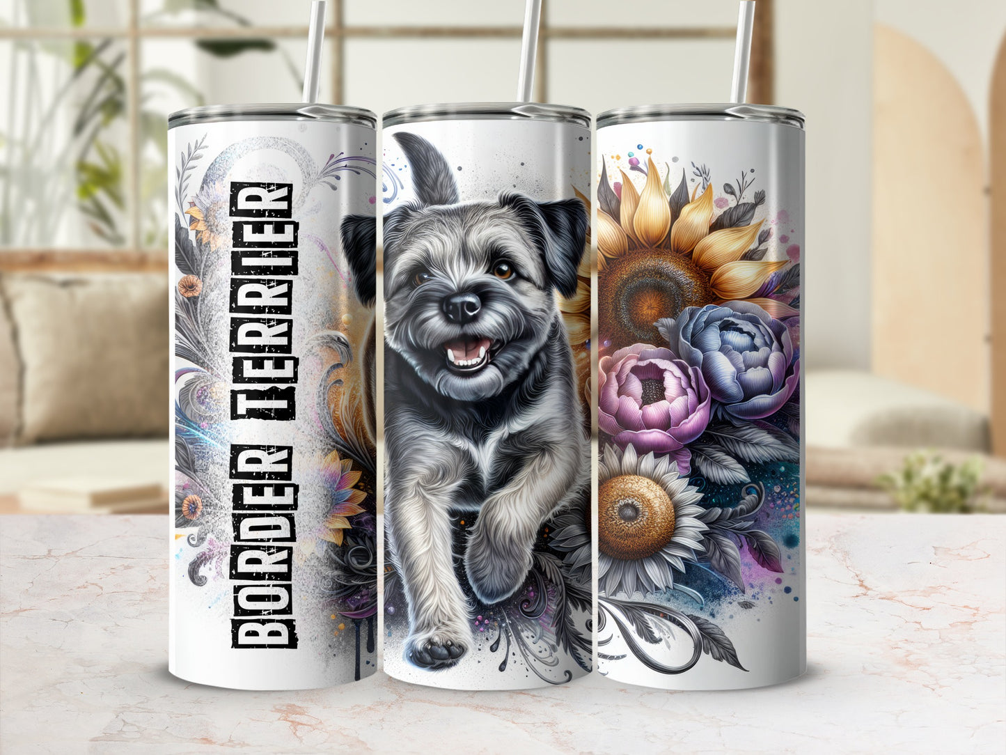 Border Terrier tumbler with floral accents.