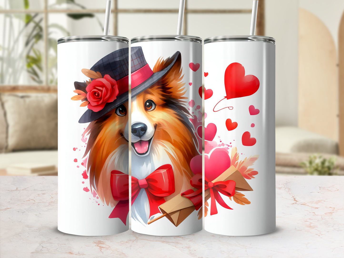 Three tumblers featuring a dog in a hat with a red bow, hearts, and envelope.