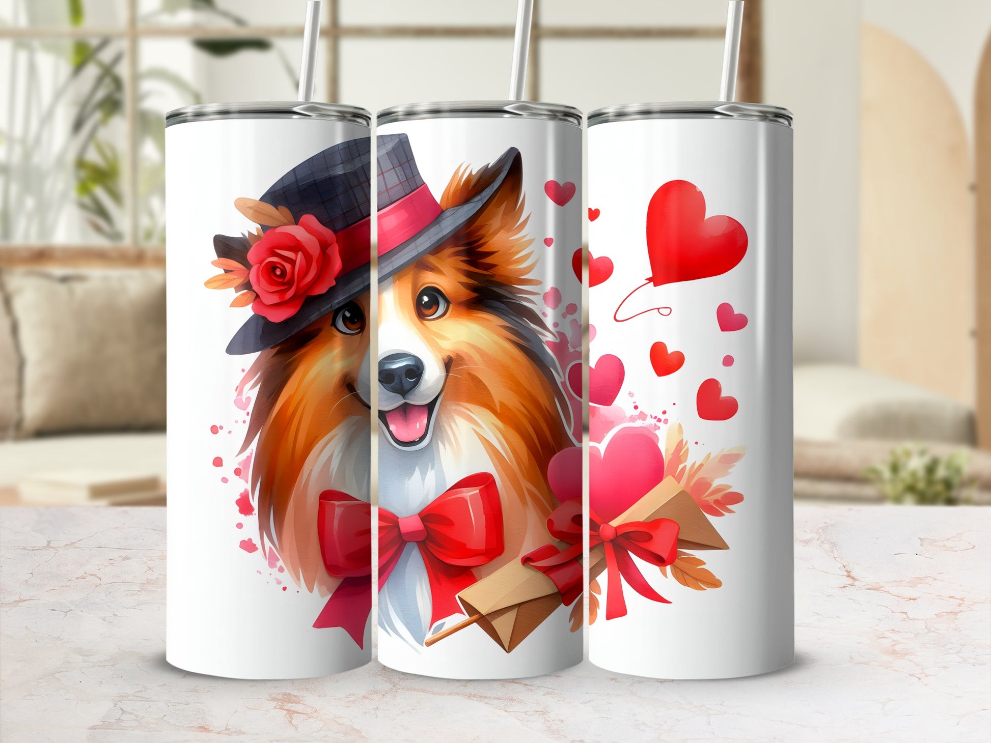 Three tumblers featuring a dog in a hat with a red bow, hearts, and envelope.